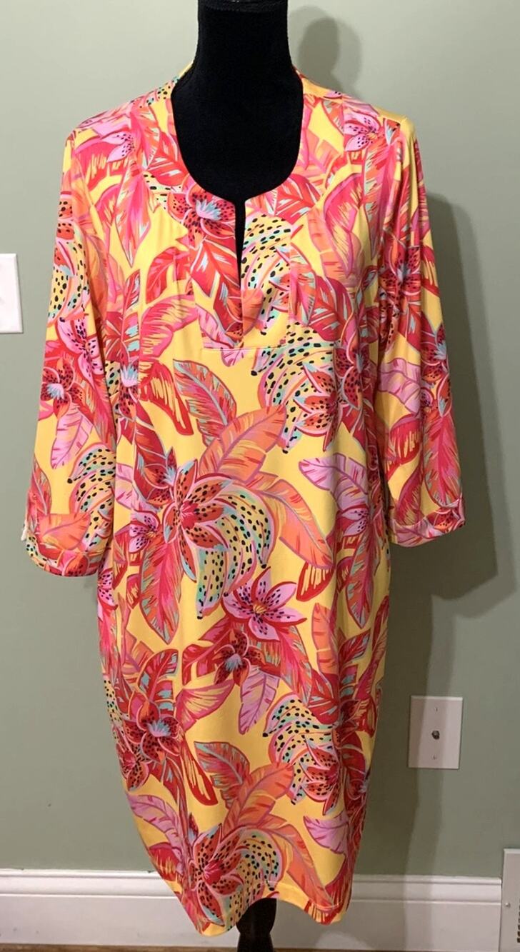 Caribbean Joe Tropical Flower Leaf  Muumuu Dress Pink Red Yellow Size 1X  NWOT